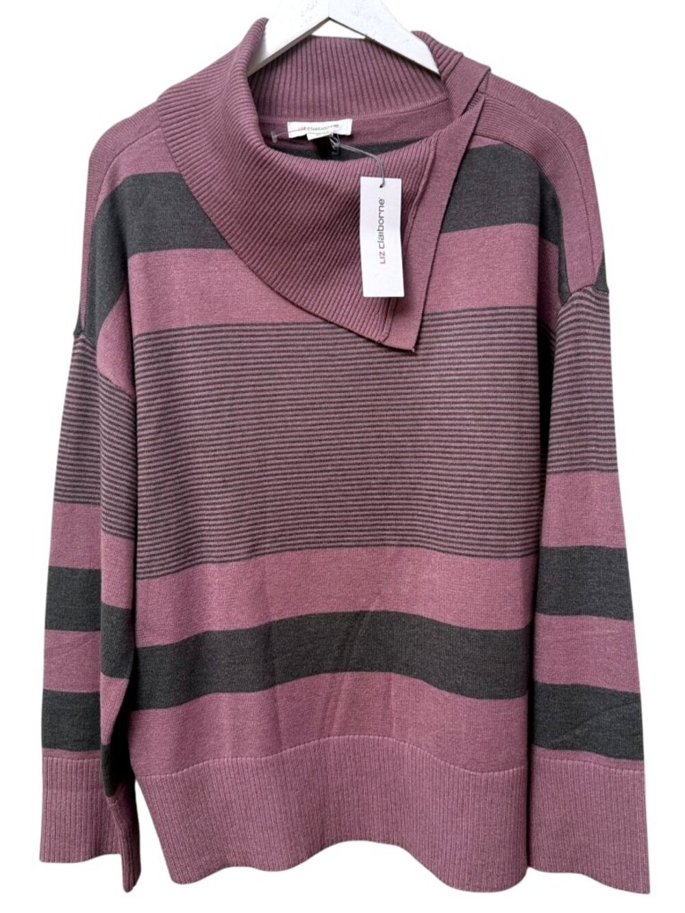 Liz Claiborne Sweater Womens Size XL Purple Gray Stripe Wide Collar Pullover NWT